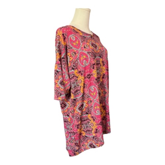 EUC LulaRoe pink, green & yellow paisley hi-low short sleeve top | size XL - Picture 3 of 7